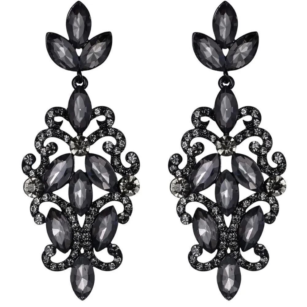 Carbon Black with Charcoal Gray Crystal Marquise Filigree Chandelier Earrings